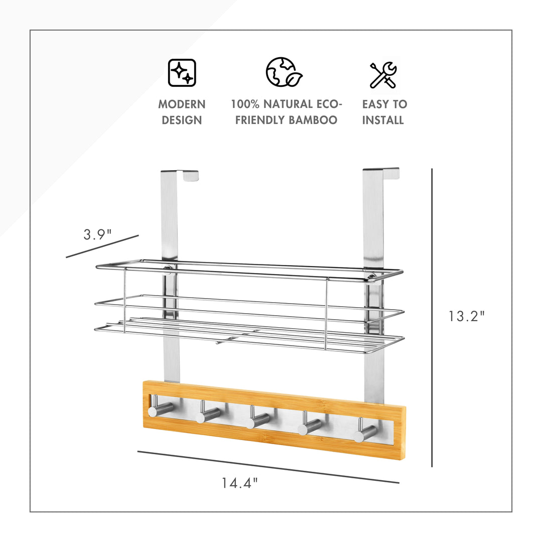 ToiletTree Bamboo Stainless Steel Over-the-Door Hooks with Basket
