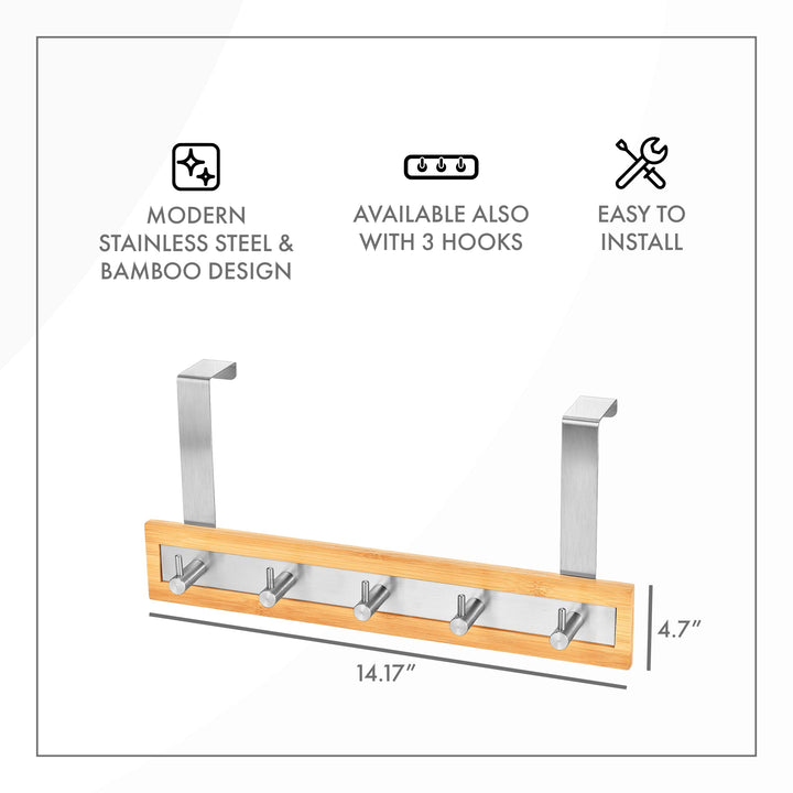 ToiletTree Bamboo Stainless Steel Over-the-Door Towel Hooks
