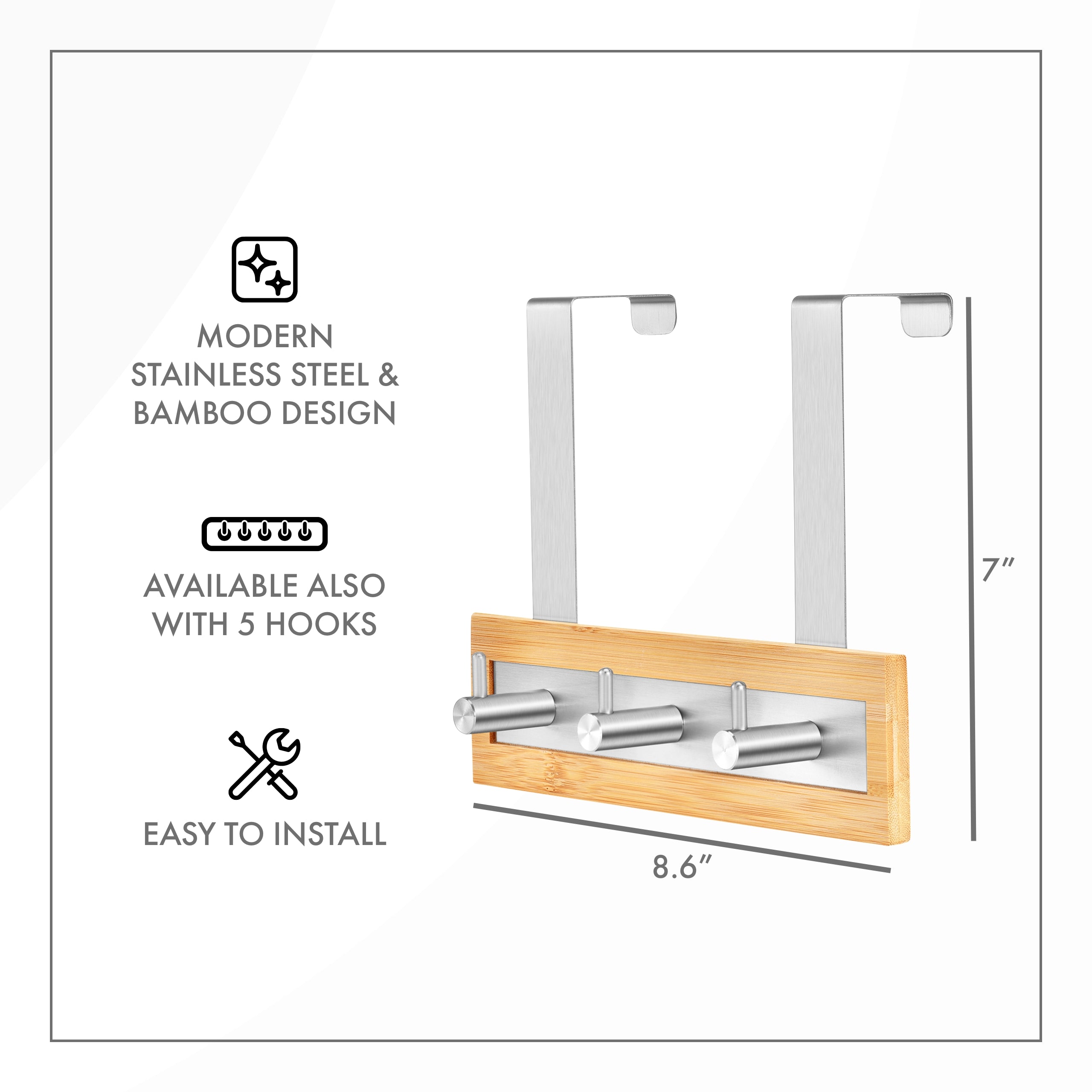ToiletTree Products Over-the-Door Bamboo Hanger With 5 Stainless Steel Hooks – Silver Finish